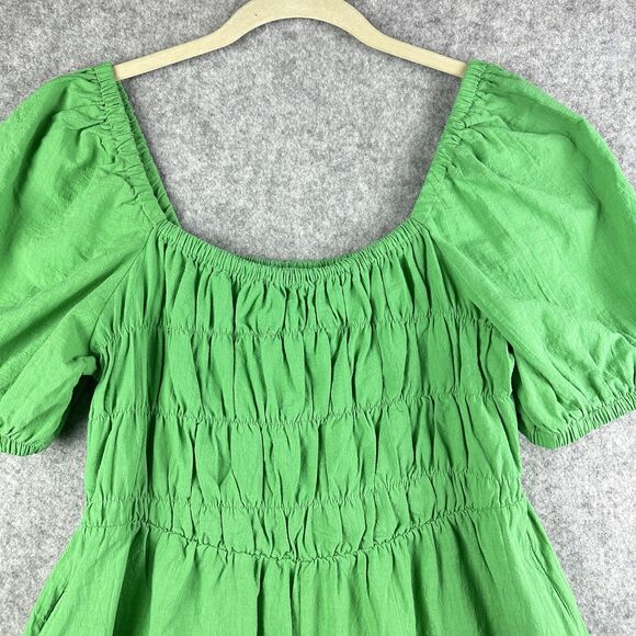 Hausen Mini Romper Womens Large Smocked Puff Sleeve Cottage Boho Pockets Stretch - Picture 2 of 16